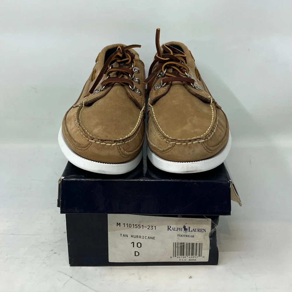 Polo Sport Ralph Lauren Boat Shoes Tan Leather Moc Toe Beige‎ Men's 10D VTG NEW